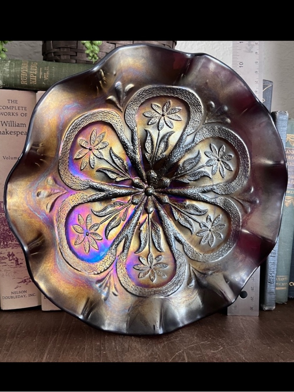 Antique Dugan “Flowers & Frames” Black Amethyst Carnival Ruffled Bowl 1900s